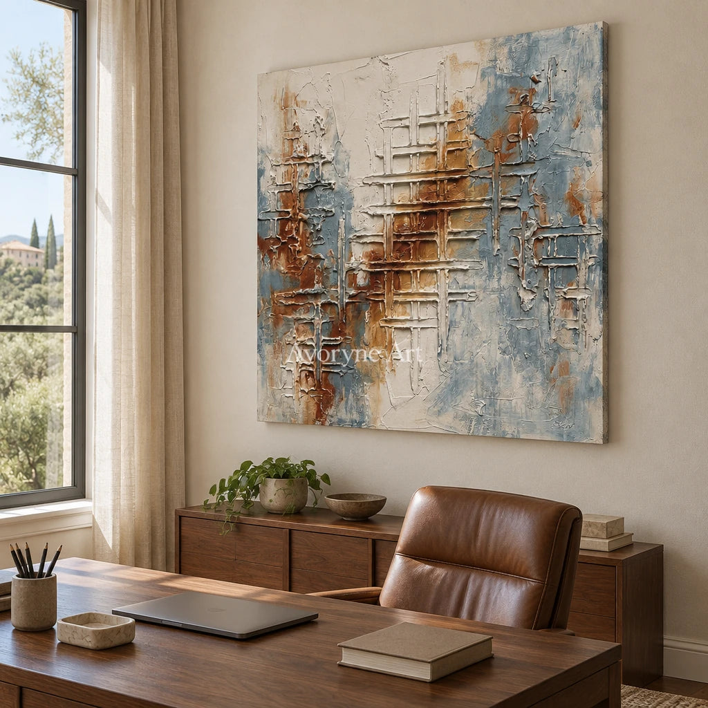 Woven Verse blue rust texture wall art as a frameless stretched canvas in a home office