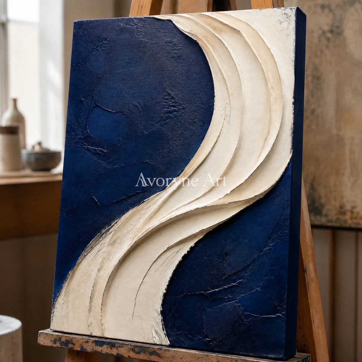 Indigo Drape: Blue Sculptural Abstract Wall Art - detail