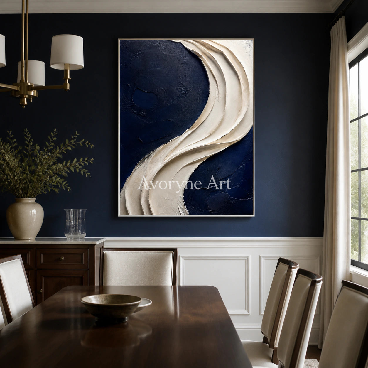 Indigo Drape: Blue Sculptural Abstract Wall Art - dining room white frame