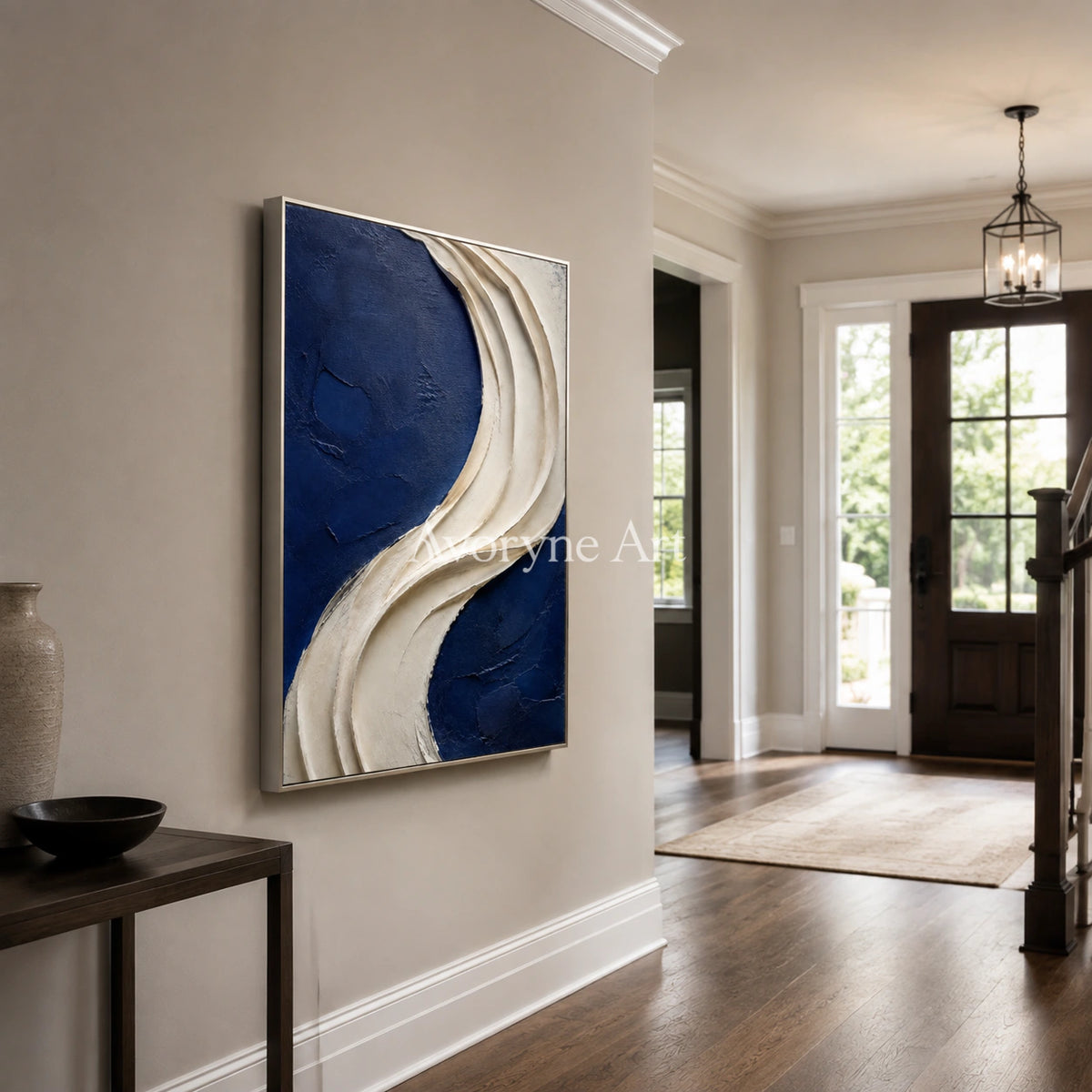 Indigo Drape: Blue Sculptural Abstract Wall Art - entryway silver frame