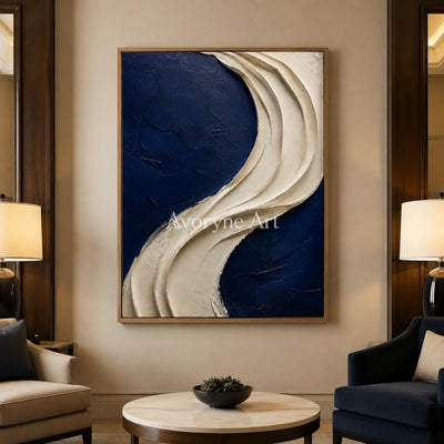 Indigo Drape: Blue Sculptural Abstract Wall Art - hotel wood frame