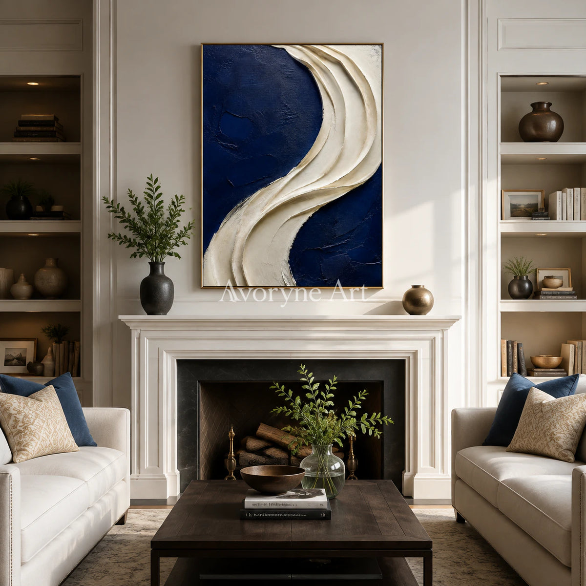 Indigo Drape: Blue Sculptural Abstract Wall Art - living room gold frame