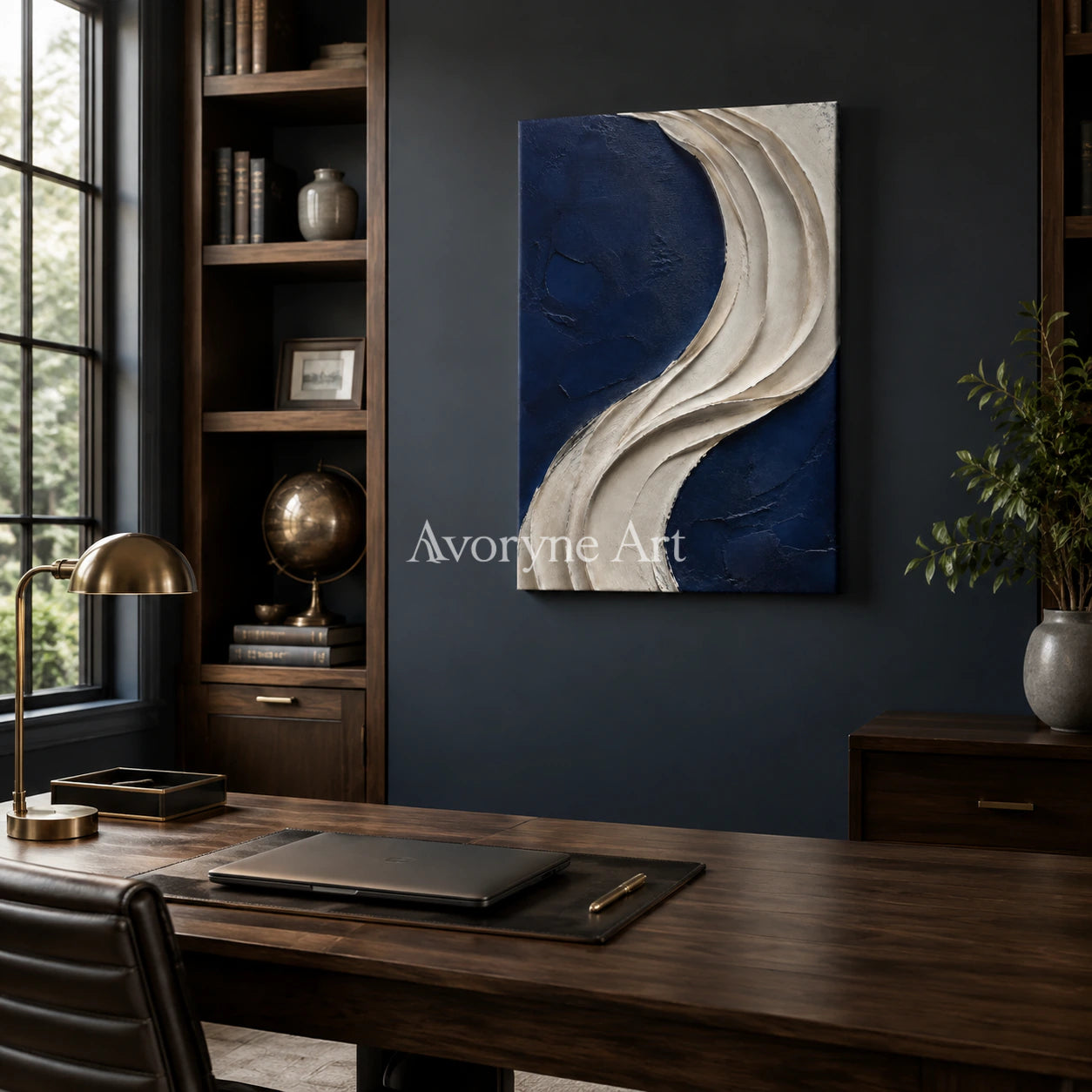 Indigo Drape: Blue Sculptural Abstract Wall Art - office frameless