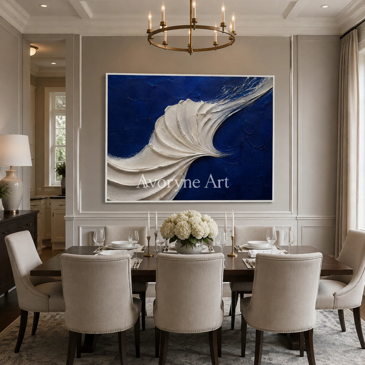 Indigo Tides: Blue Sculptural Wave Wall Art - dining room white frame