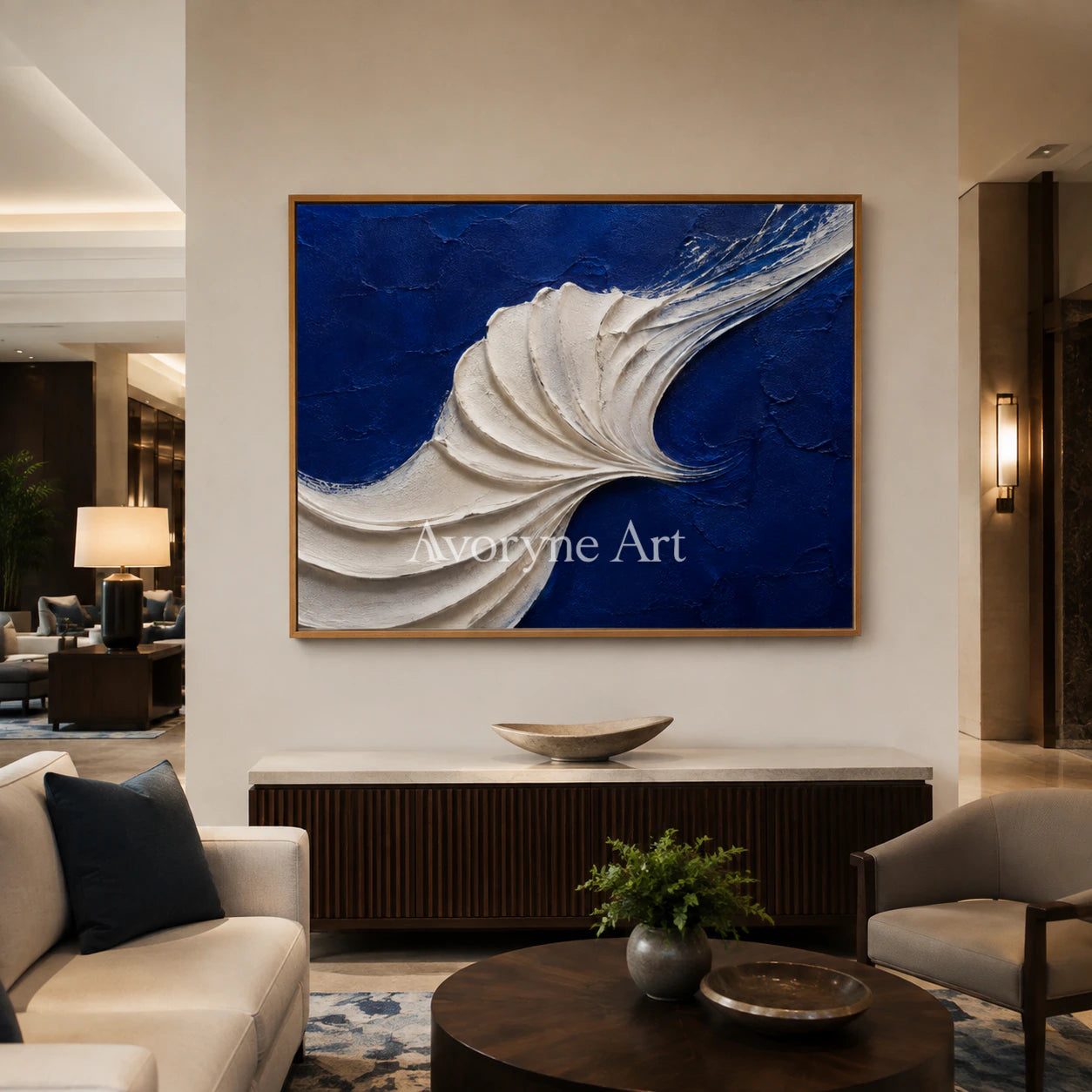 Indigo Tides: Blue Sculptural Wave Wall Art - hotel wood frame