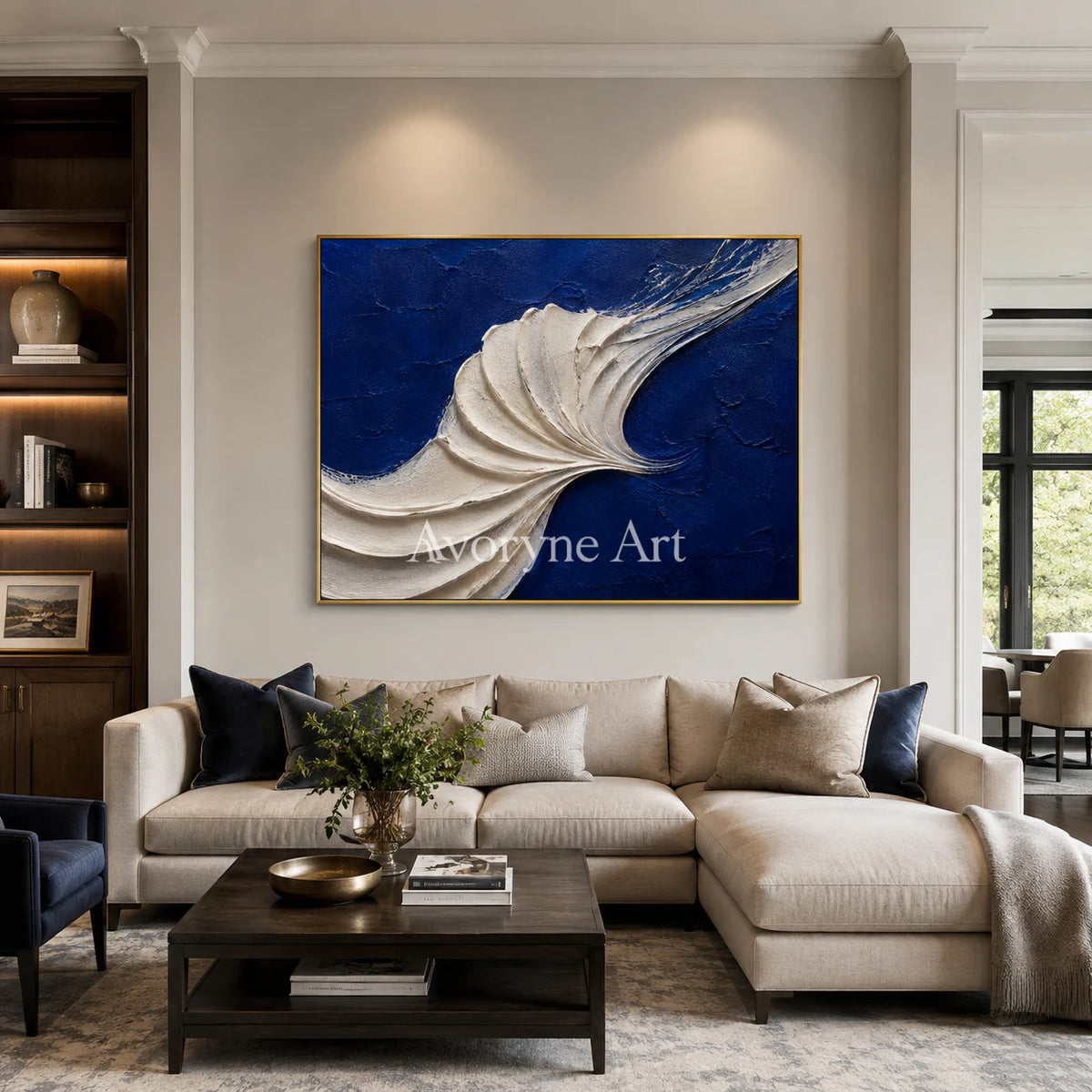 Indigo Tides: Blue Sculptural Wave Wall Art - living room gold frame