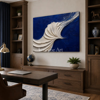 Indigo Tides: Blue Sculptural Wave Wall Art - office frameless