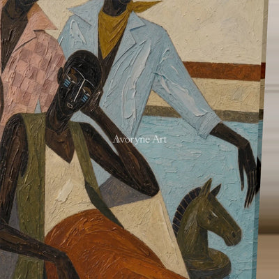 Riders in Passing: Blue Stylized Riders Vertical Wall Art — detail easel