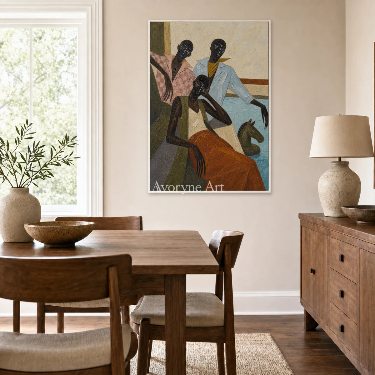 Riders in Passing: Blue Stylized Riders Vertical Wall Art — dining white