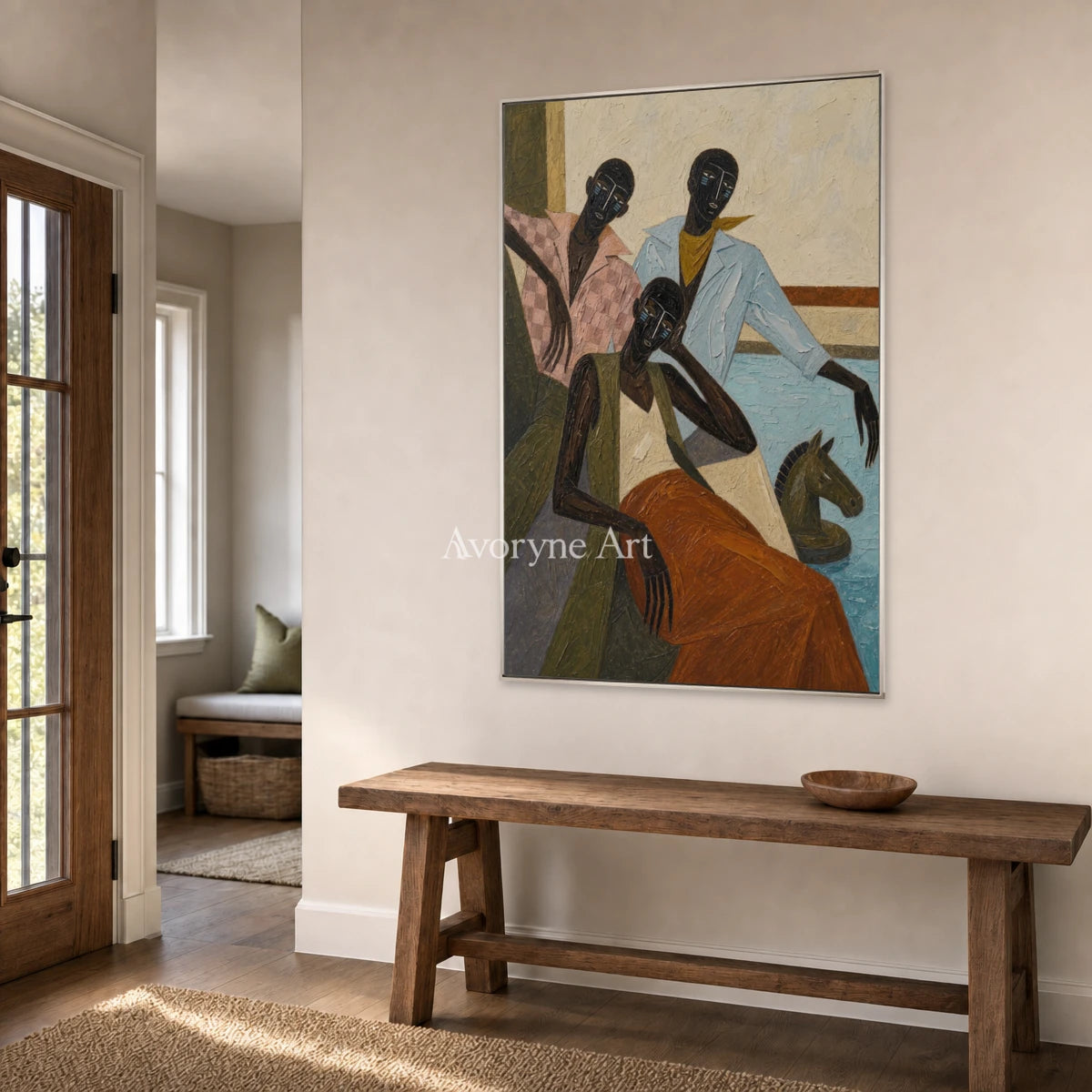 Riders in Passing: Blue Stylized Riders Vertical Wall Art — entry silver