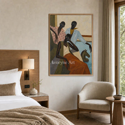 Riders in Passing: Blue Stylized Riders Vertical Wall Art — hotel wood