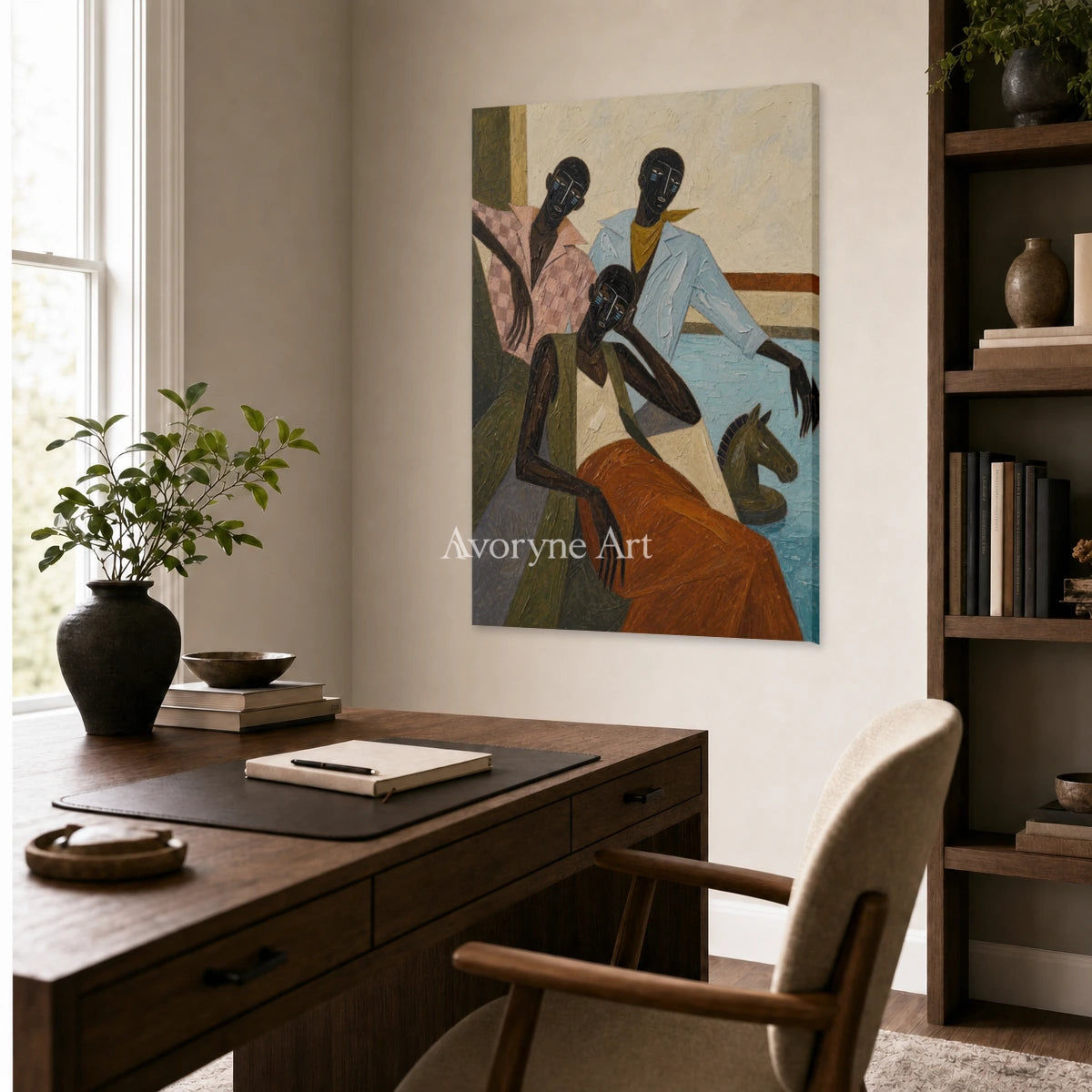 Riders in Passing: Blue Stylized Riders Vertical Wall Art — office frameless