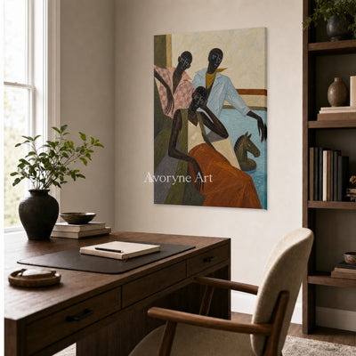 Riders in Passing: Blue Stylized Riders Vertical Wall Art — office frameless