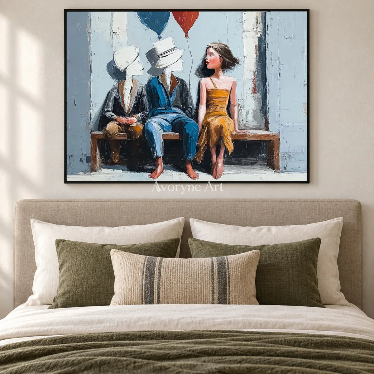 Company of Clouds: Blue Surrealist Bench Figures Wall Art — bedroom black