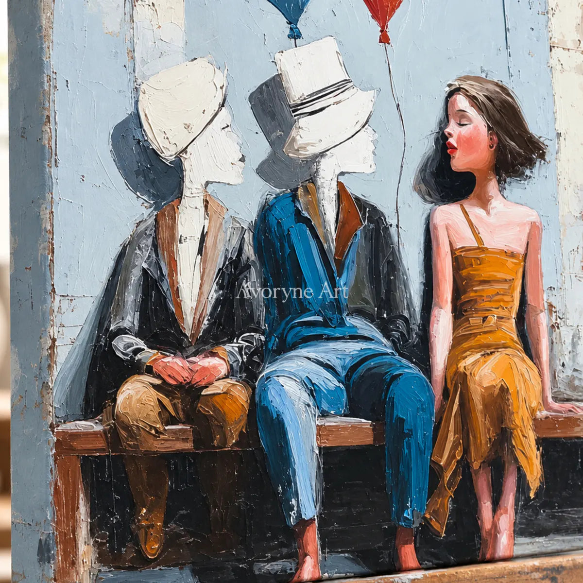 Company of Clouds: Blue Surrealist Bench Figures Wall Art — detail easel