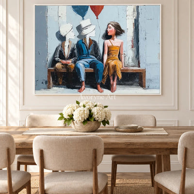 Company of Clouds: Blue Surrealist Bench Figures Wall Art — dining white