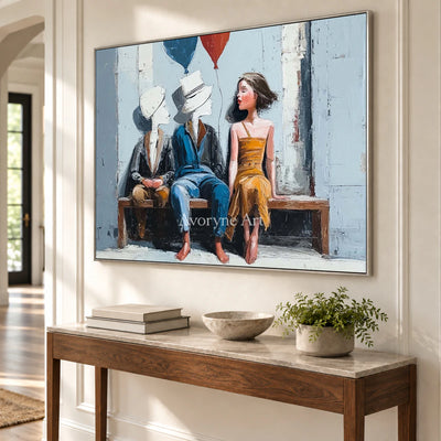 Company of Clouds: Blue Surrealist Bench Figures Wall Art — entry silver