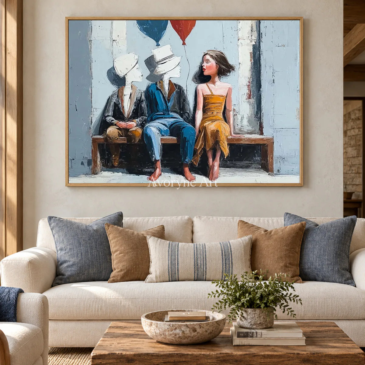Company of Clouds: Blue Surrealist Bench Figures Wall Art — hotel wood