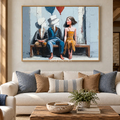 Company of Clouds: Blue Surrealist Bench Figures Wall Art — hotel wood