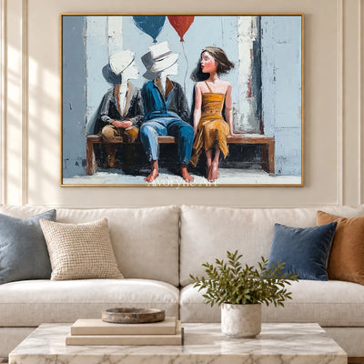 Company of Clouds: Blue Surrealist Bench Figures Wall Art — living gold