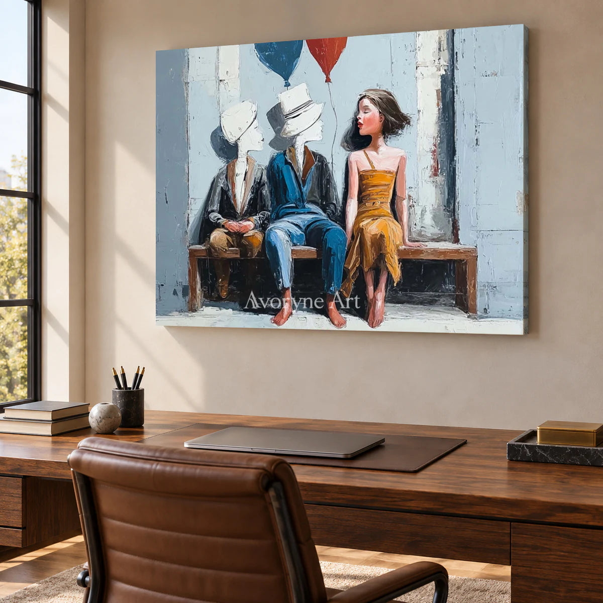 Company of Clouds: Blue Surrealist Bench Figures Wall Art — office frameless