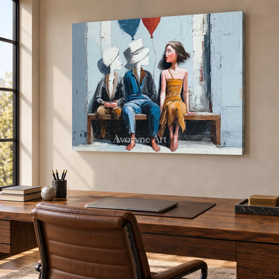 Company of Clouds: Blue Surrealist Bench Figures Wall Art — office frameless