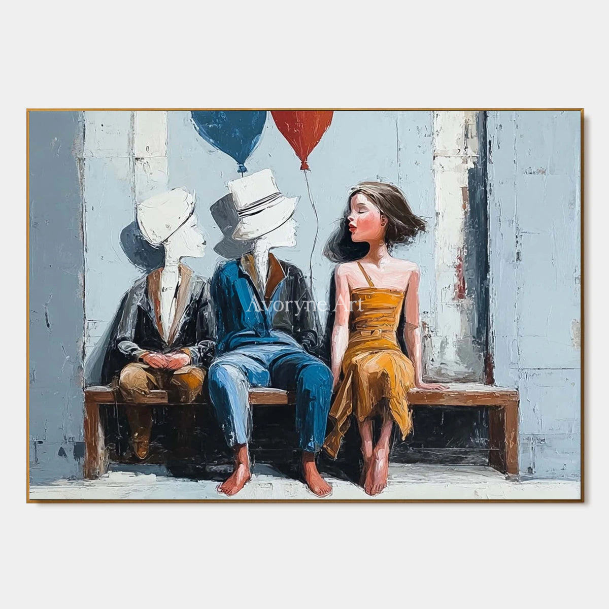 Company of Clouds: Blue Surrealist Bench Figures Wall Art — primary