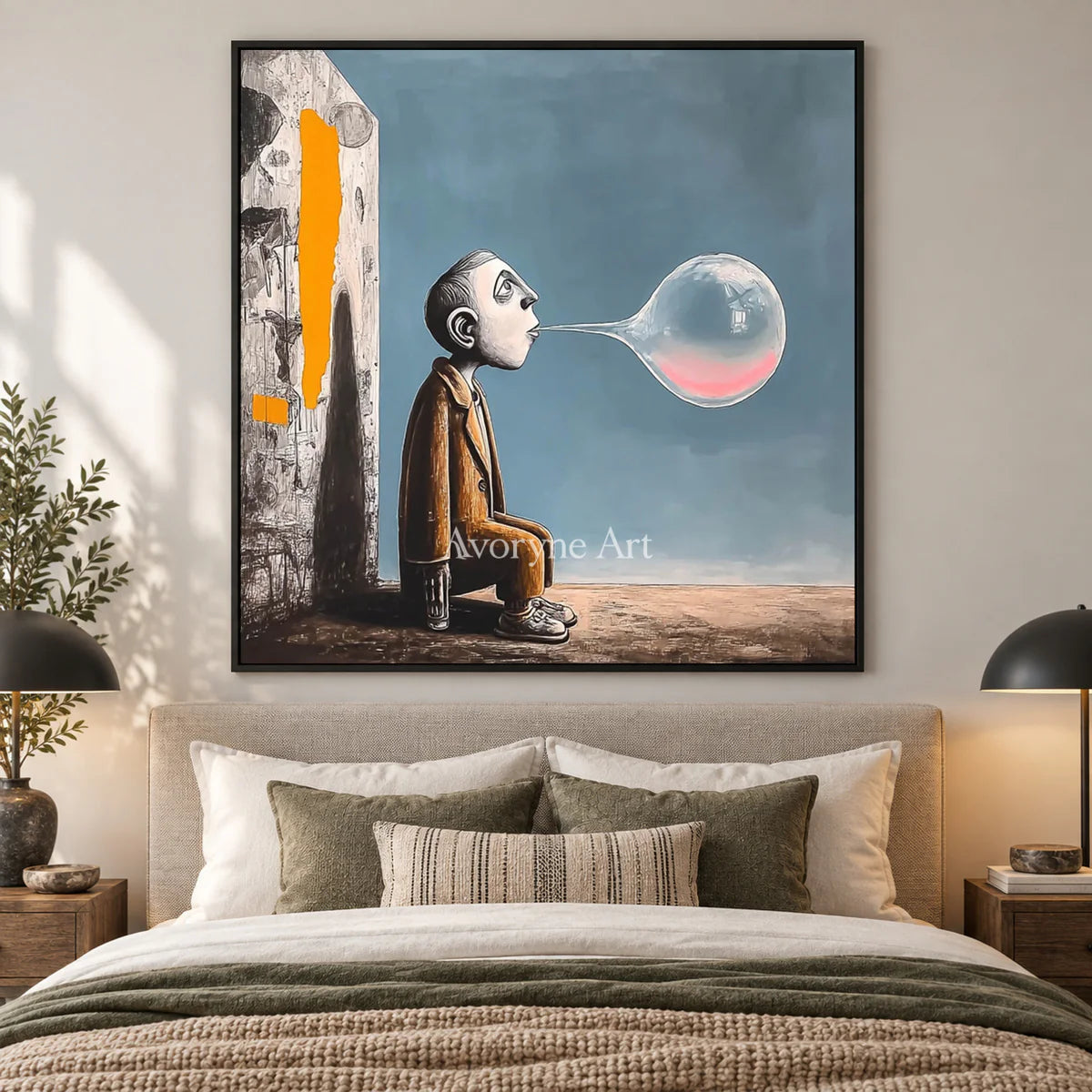 A Breath Suspended: Blue Surrealist Bubble Figure Wall Art — bedroom black