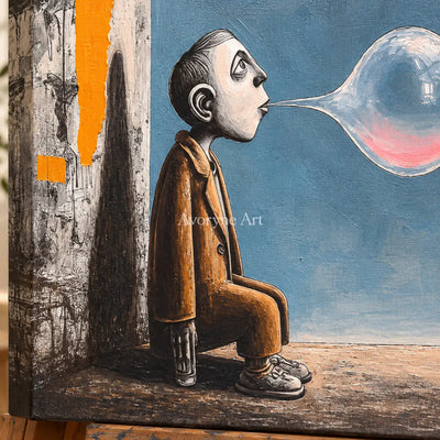 A Breath Suspended: Blue Surrealist Bubble Figure Wall Art — detail easel