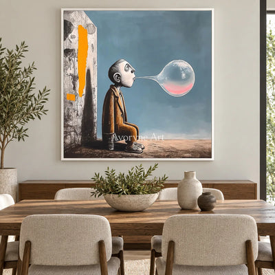 A Breath Suspended: Blue Surrealist Bubble Figure Wall Art — dining white