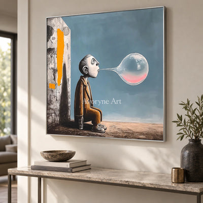 A Breath Suspended: Blue Surrealist Bubble Figure Wall Art — entry silver
