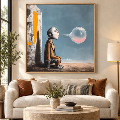 A Breath Suspended: Blue Surrealist Bubble Figure Wall Art — hotel wood