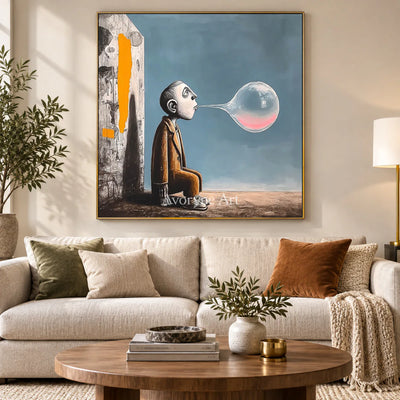 A Breath Suspended: Blue Surrealist Bubble Figure Wall Art — living gold