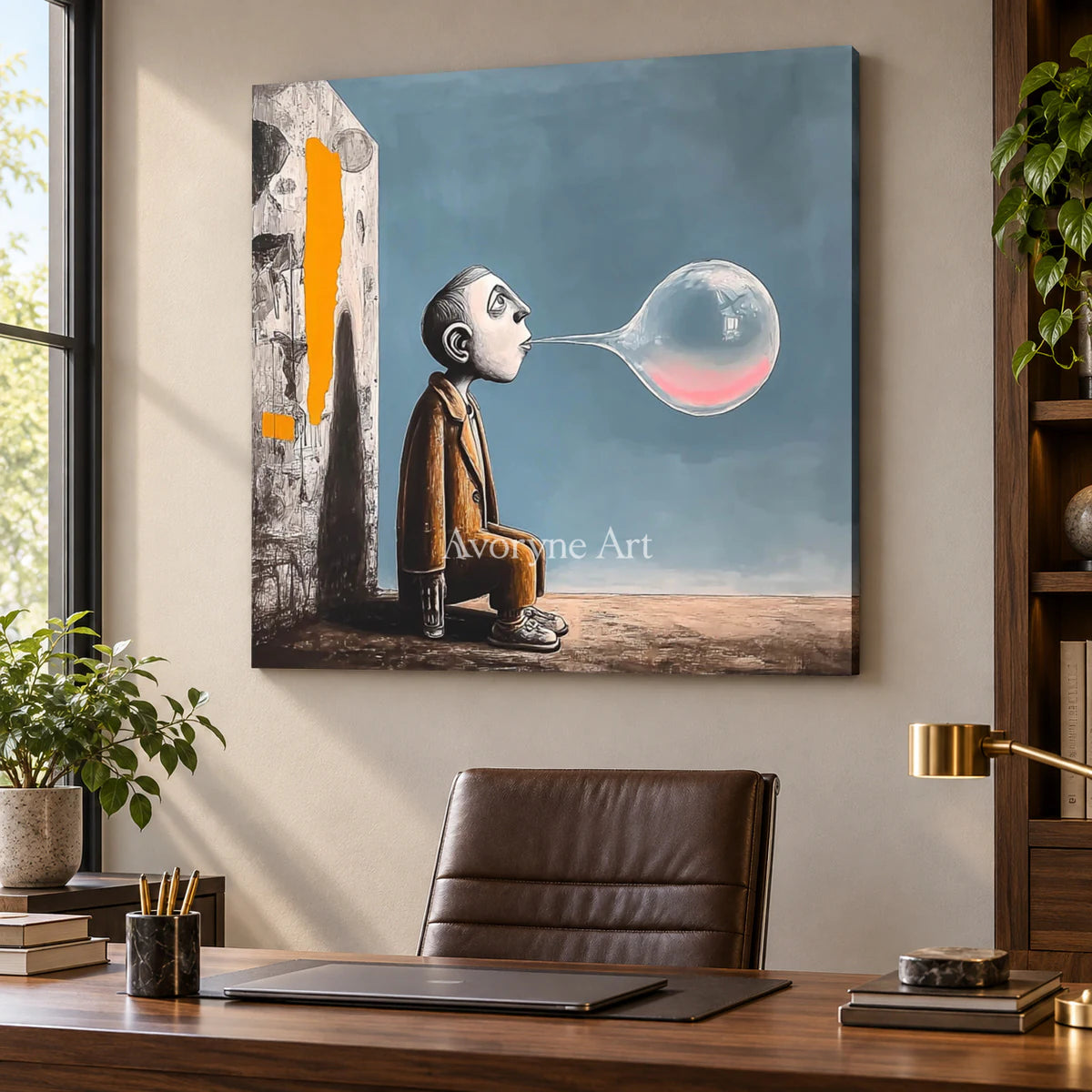 A Breath Suspended: Blue Surrealist Bubble Figure Wall Art — office frameless