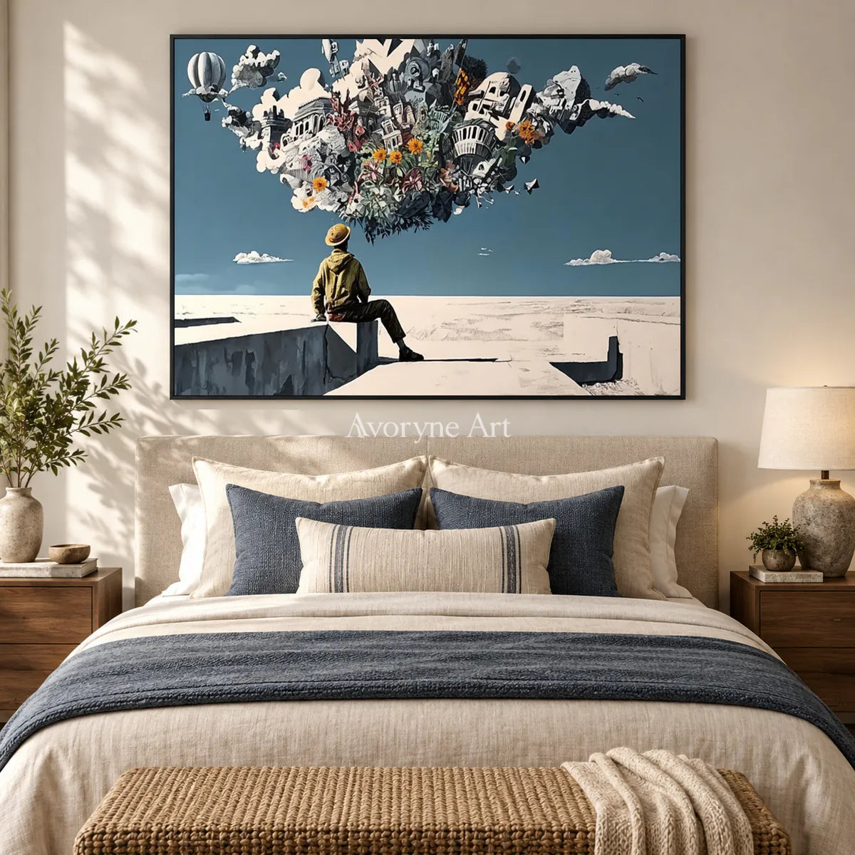 City in Suspension: Blue Surrealist City and Figure Wall Art — bedroom black