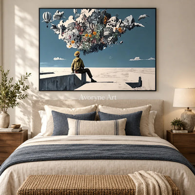 City in Suspension: Blue Surrealist City and Figure Wall Art — bedroom black