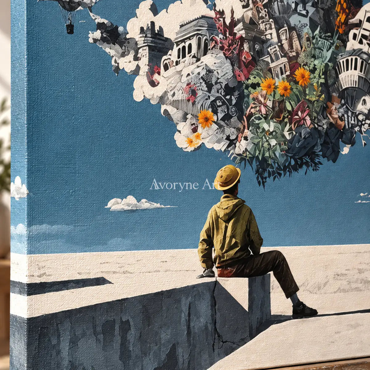 City in Suspension: Blue Surrealist City and Figure Wall Art — detail easel