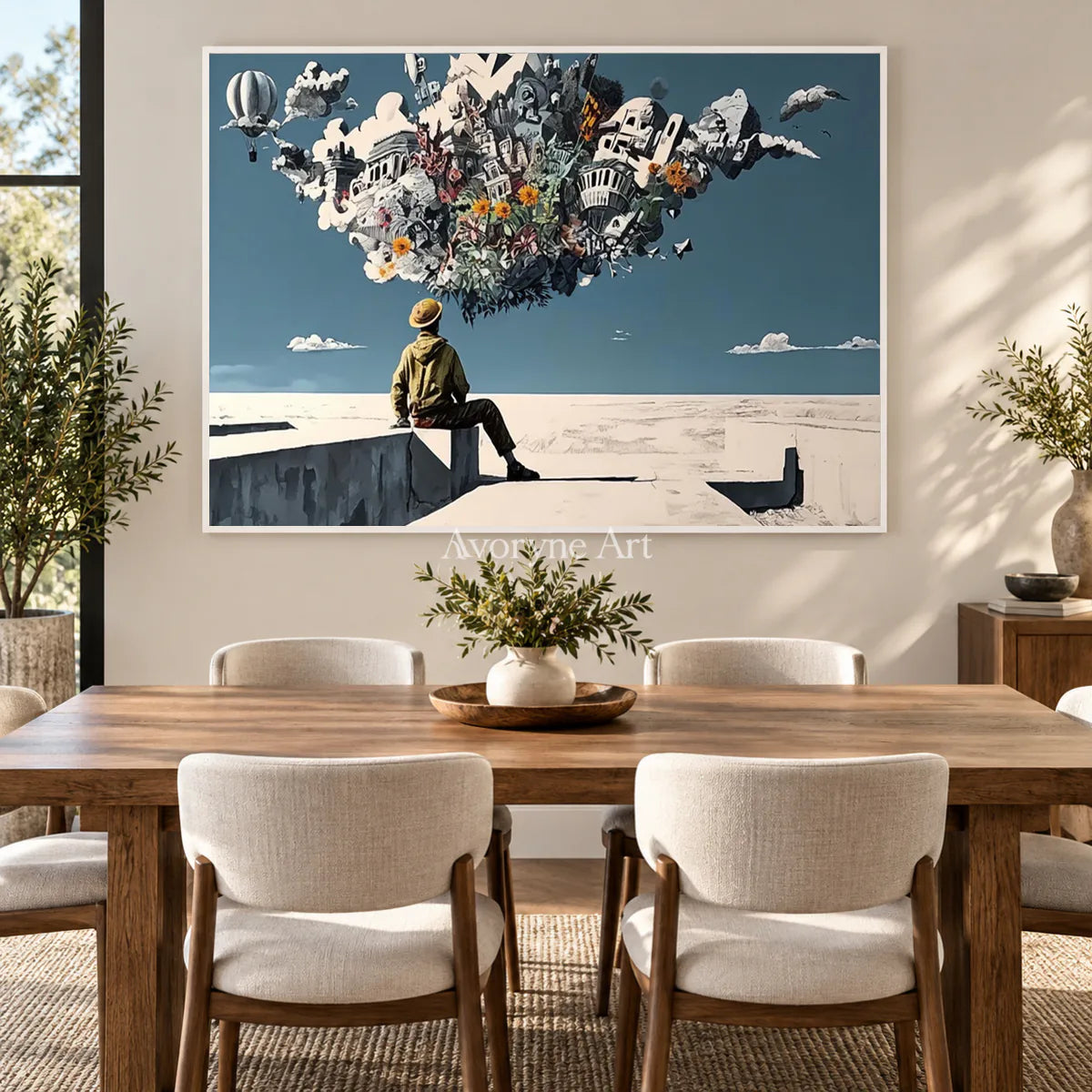 City in Suspension: Blue Surrealist City and Figure Wall Art — dining white