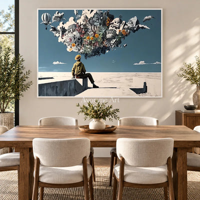 City in Suspension: Blue Surrealist City and Figure Wall Art — dining white