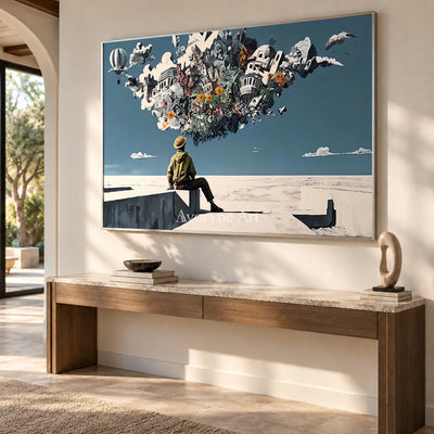 City in Suspension: Blue Surrealist City and Figure Wall Art — entry silver