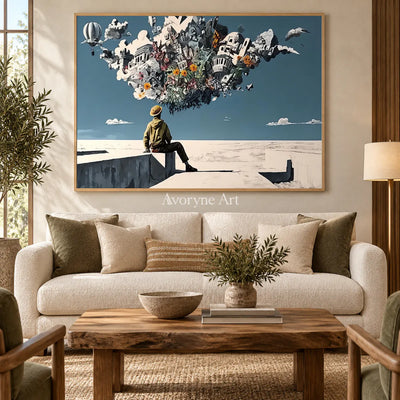 City in Suspension: Blue Surrealist City and Figure Wall Art — hotel wood