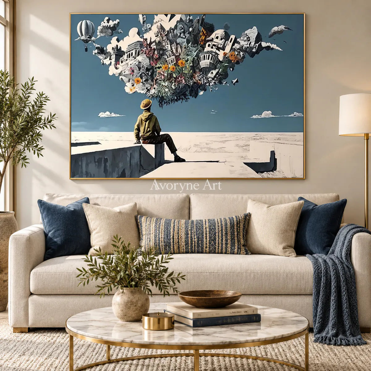 City in Suspension: Blue Surrealist City and Figure Wall Art — living gold