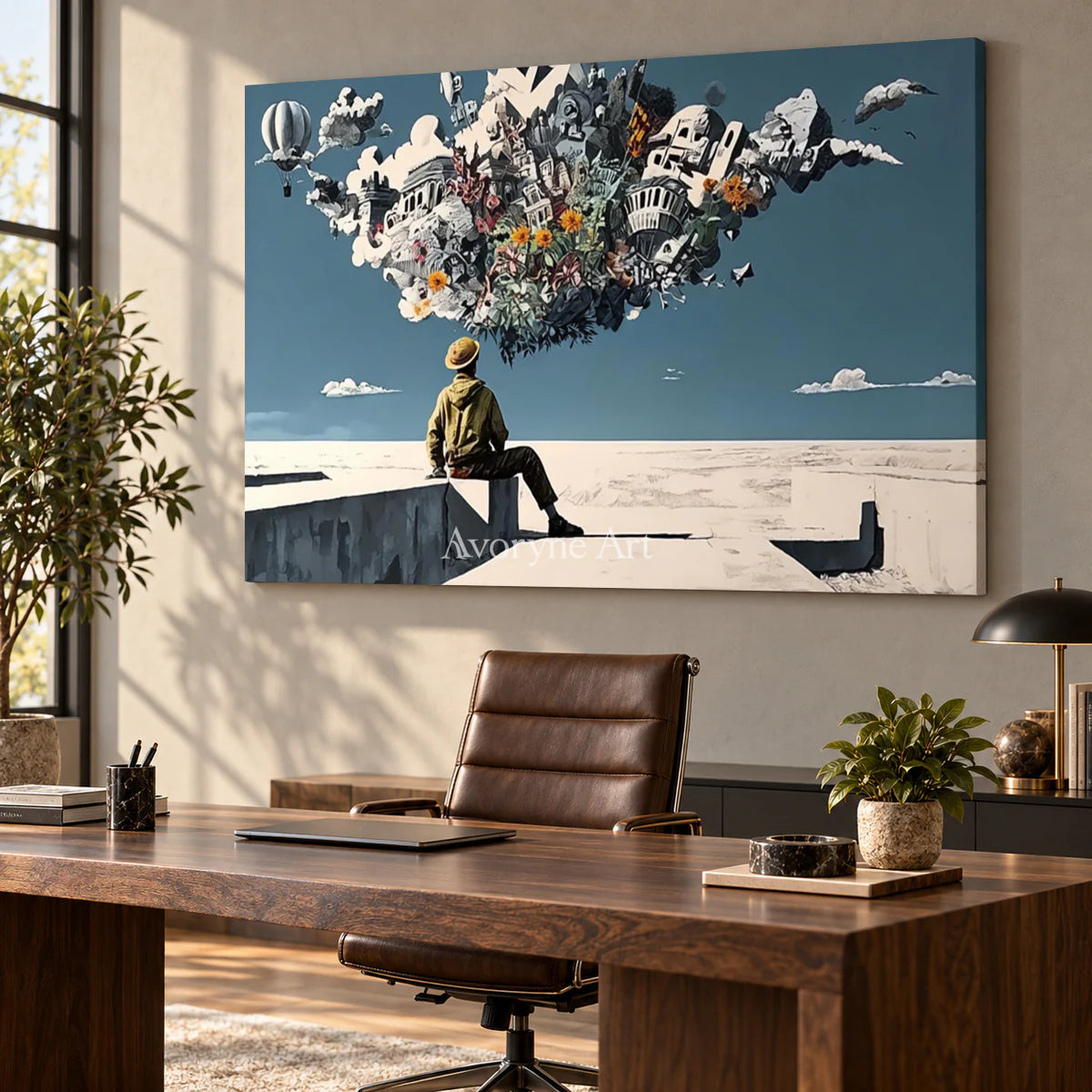 City in Suspension: Blue Surrealist City and Figure Wall Art — office frameless