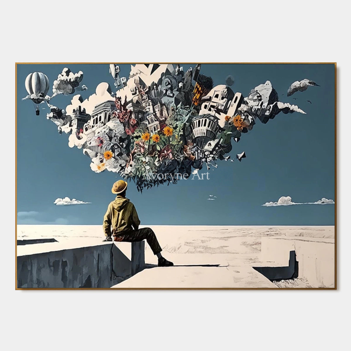 City in Suspension: Blue Surrealist City and Figure Wall Art — primary