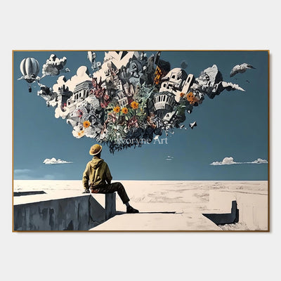 City in Suspension: Blue Surrealist City and Figure Wall Art — primary