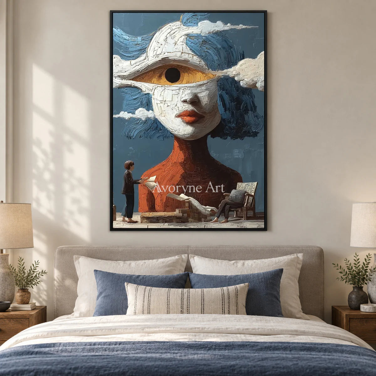 The Watching Cloud: Blue Surrealist Eye Portrait Wall Art — bedroom black