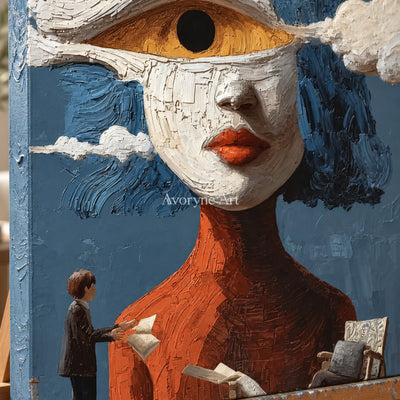 The Watching Cloud: Blue Surrealist Eye Portrait Wall Art — detail easel