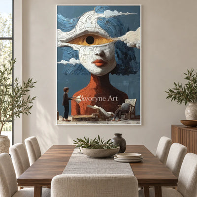 The Watching Cloud: Blue Surrealist Eye Portrait Wall Art — dining white