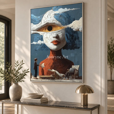 The Watching Cloud: Blue Surrealist Eye Portrait Wall Art — entry silver