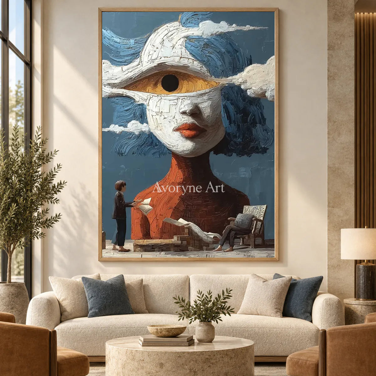 The Watching Cloud: Blue Surrealist Eye Portrait Wall Art — hotel wood